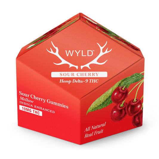 Wyld Sour Cherry Gummies container with bold red packaging, cherry fruit illustration, and product details including 10mg hemp-derived Delta-9 THC and mellow Indica terpene effects.