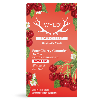 Wyld Sour Cherry Gummies 30-count container with bold red packaging, cherry fruit illustration, and product details including 10mg hemp-derived Delta-9 THC and mellow Indica terpene effects.
