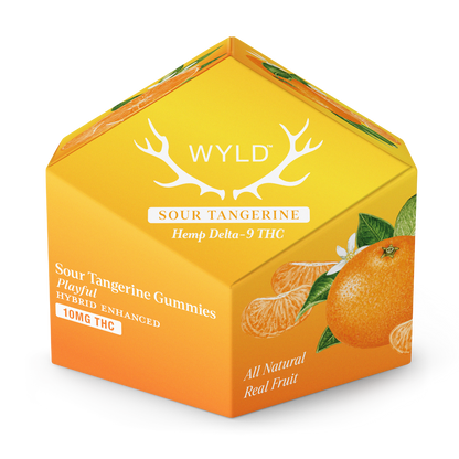 Wyld Sour Tangerine Gummies box with bright citrus-themed packaging, real fruit illustration, and product details including 10mg hemp-derived Delta-9 THC and playful hybrid terpene effects.