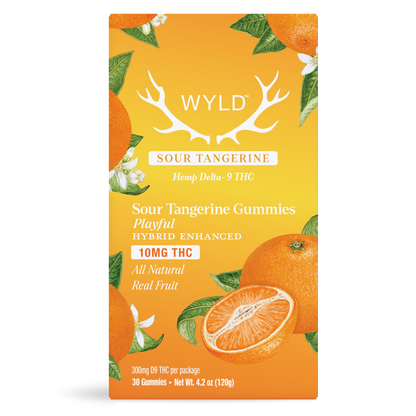 Wyld Sour Tangerine Gummies 30-count container with bright citrus-themed packaging, real fruit illustration, and product details including 10MG hemp-derived Delta-9 THC and playful hybrid terpene effects.