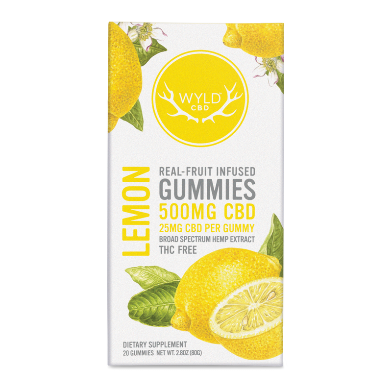 Wyld CBD Lemon Gummies 20 count packaging advertising real-fruit infused, broad spectrum hemp extract confections.