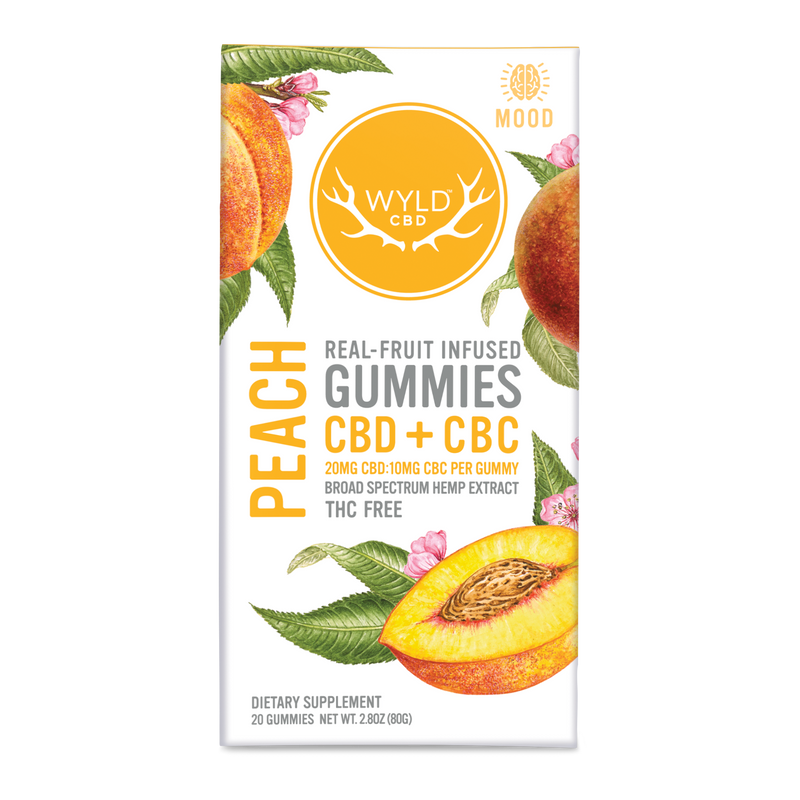 Wyld CBD Peach Gummies infused with real fruit, CBD, and CBC in a 20 piece package.