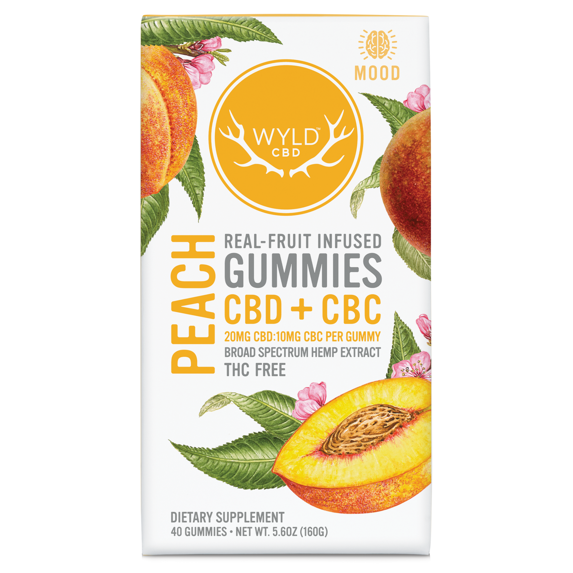 Wyld CBD Peach Gummies infused with real fruit, CBD, and CBC in a 40 piece package.