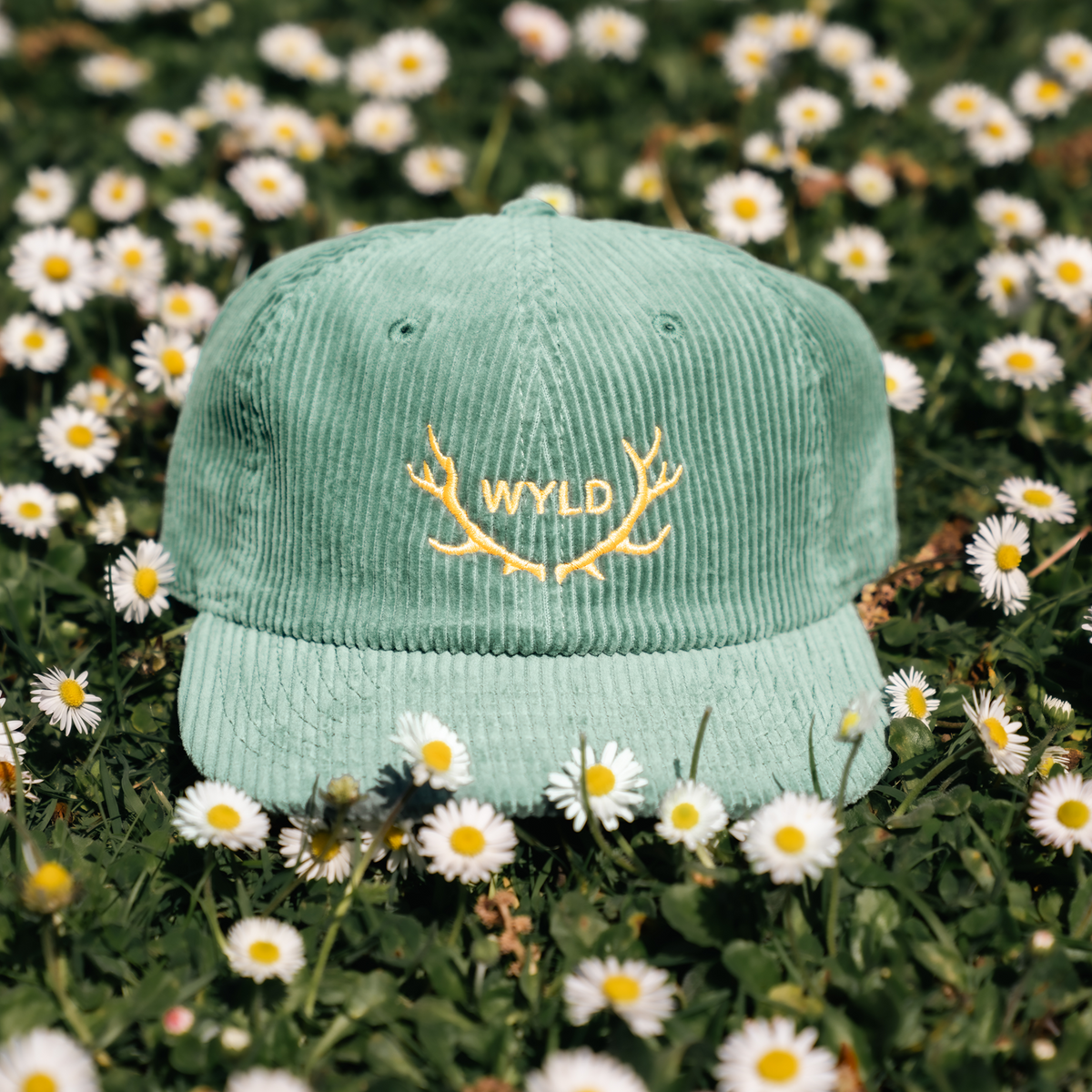 Green cap with 'WYLD' logo on a field of daisies