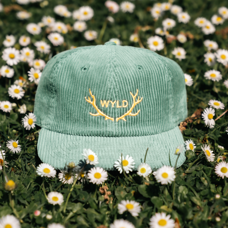 Green cap with 'WYLD' logo on a field of daisies