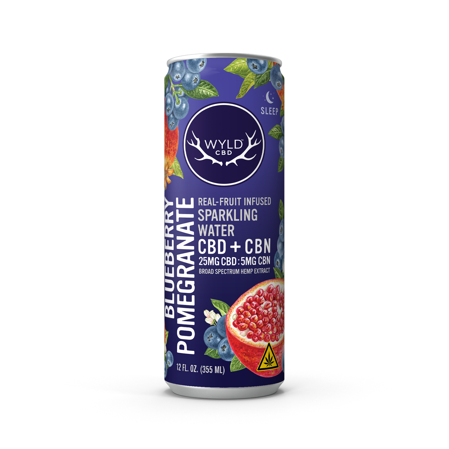 Wyld CBD Blueberry Pomegranate Sparkling Water with CBD and CBN in a 12 ounce can.
