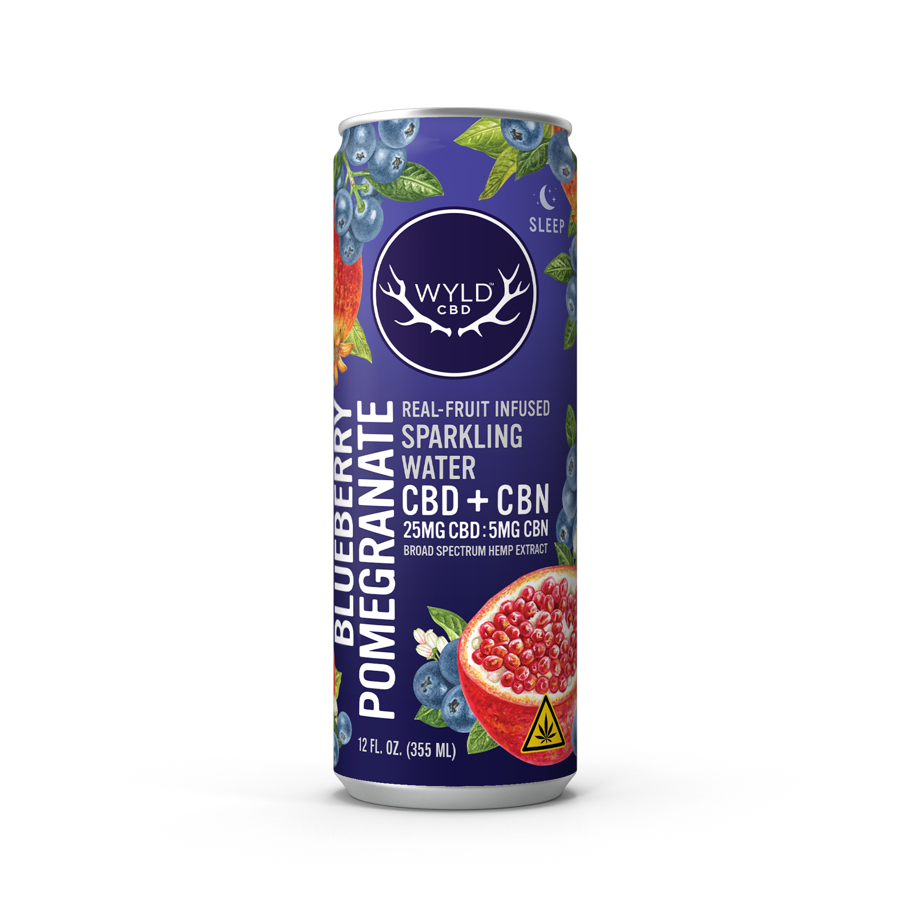 Wyld CBD Blueberry Pomegranate Sparkling Water with CBD and CBN in a 12 ounce can.