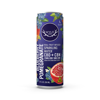 Wyld CBD Blueberry Pomegranate Sparkling Water with CBD and CBN in a 12 ounce can.