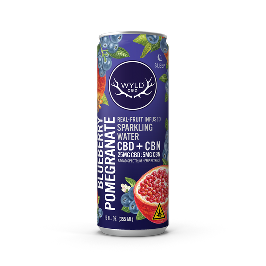 Wyld CBD Blueberry Pomegranate Sparkling Water with CBD and CBN in a 12 ounce can.