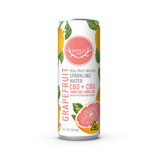 Wyld CBD Grapefruit Sparkling Water with CBD and CBG in a 12 fluid ounce can. 