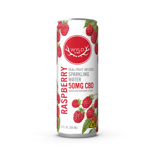 Wyld Raspberry Sparkling Water with 50mg of CBD in a 12 ounce can.